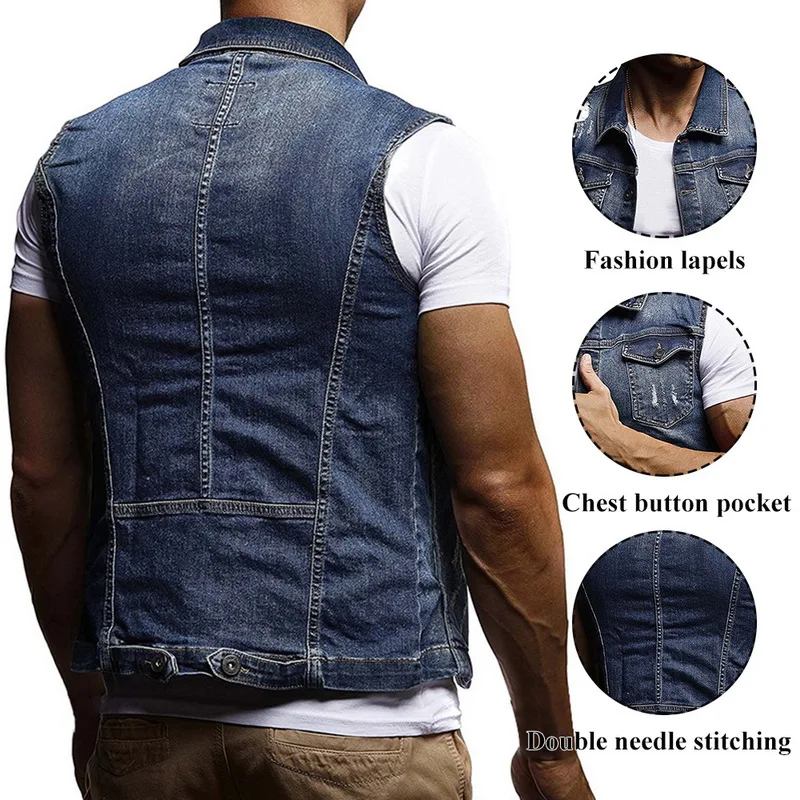 SHUJIN Для мужчин Slim Fit без рукавов Джинсовая куртка Летняя мода классический джинсовый жилет черный отложной воротник, джинсовый жилет