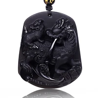 natural black obsidian sculpture kirin pendant necklace trendy cute jewelry mother child pendant with lucky chain for men women