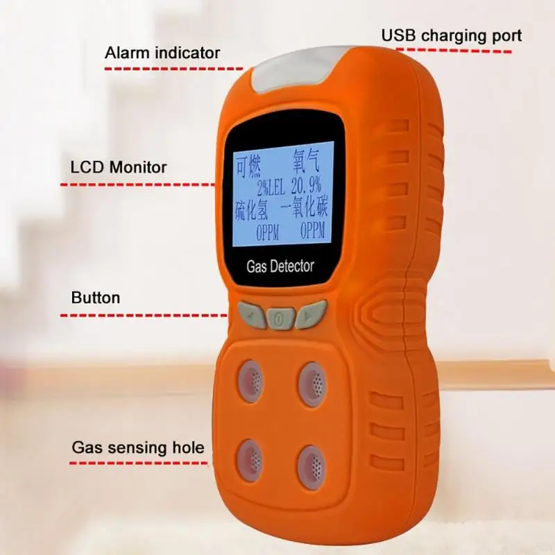 

4 in 1 Gas Detector Oxygen Carbon Monoxide Monitor EX/O2/H2S/CO Flammable Gas Analyzer Toxic Gas Alarm Detector