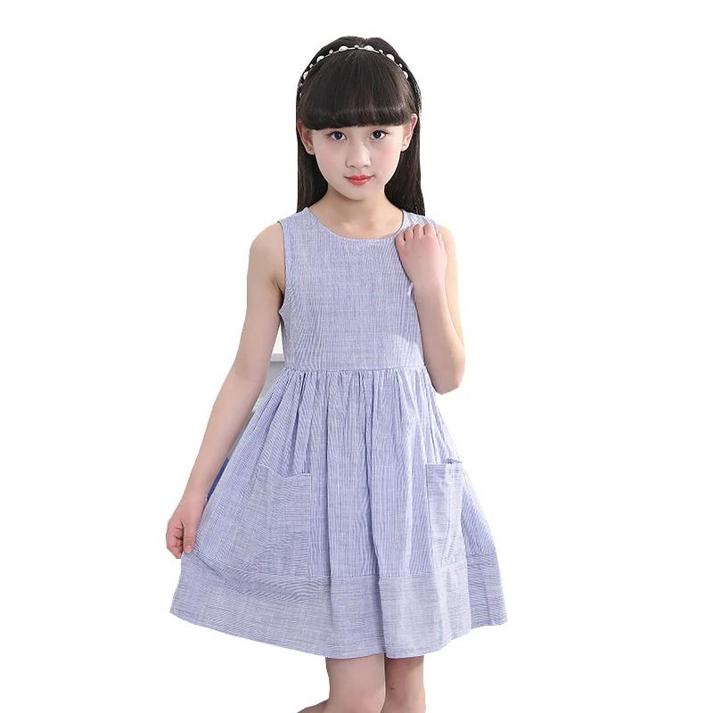 2020 Elegant Vintage Teenage Girl Dress Vertical Stripe Beach Style Kids Dresses With Pockets Toddler Summer Clothing 5-12Y | Детская