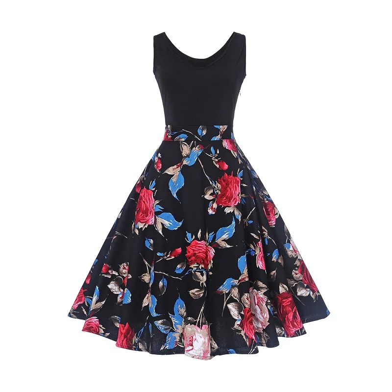 Летние подростков платье с цветочным принтом в стиле ретро без рукавов платья