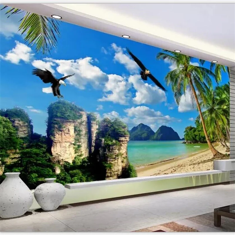 beibehang Custom wallpaper large high block fresh sea coconut tree eagle TV background wall living room bedroom sofa decoration