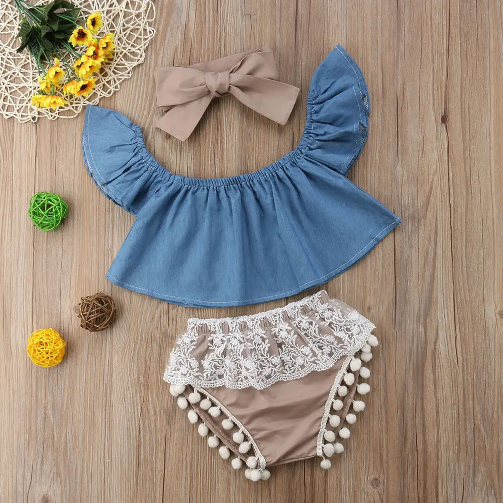 

Fashion Girl Set 0-3Y US Newborn Baby Girl Fly Sleeve Denim Top Lace Shorts 3Pc Clothes Infant Outfit