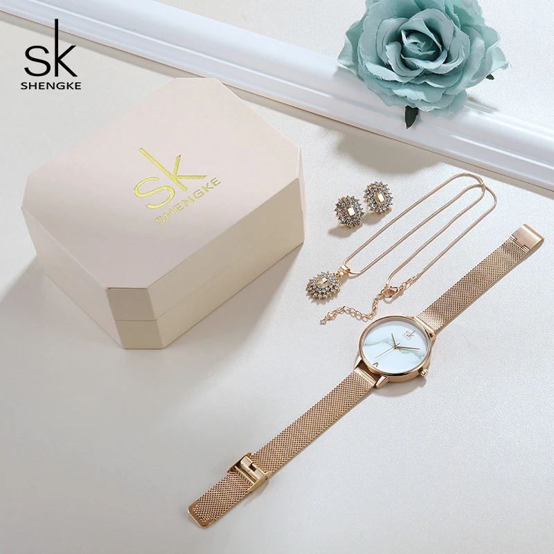 Женские кварцевые часы Shengke розовое золото креативные серьги ожерелье 2019 SK