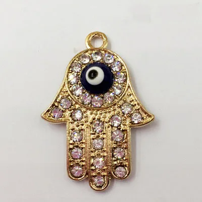

Newest 10 Pieces/Lot 21mm*31mm Beautiful Religious Gold color Enamel Crystal Evil Eye Hand Hamsa Charms