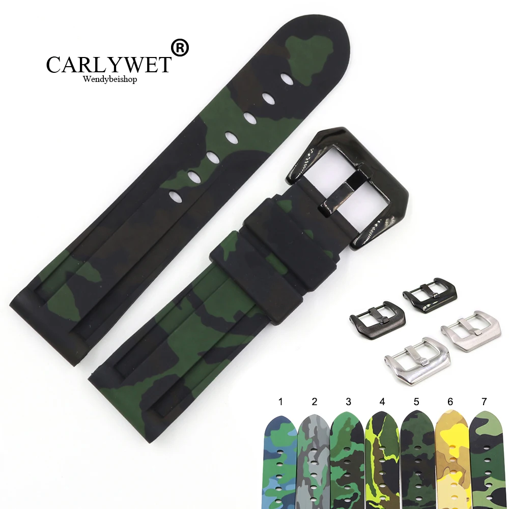 

CARLYWET 22 24mm Camo Black Dark Green Waterproof Silicone Rubber Replacement Wrist Watch Band Strap Loops For Panerai Luminor
