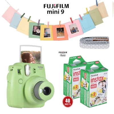 Lime Green Горячая Fujifilm Instax Mini 9 набор камер, набор пленочных фотокамер, фотокамера моментальной печати с 40* пленкой+ фоторамкой+ зажимом+ шнуром - Цвет: Lime Green