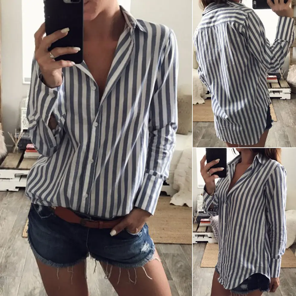 Striped loose long sleeves lapel shirt Shirts Lady 2017 Spring New Fashion new Blouse Women Long Sleeve Tops |