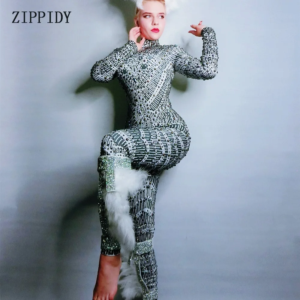 Комбинезон стразы из спандекса Женский пикантный сценический костюм с перьями