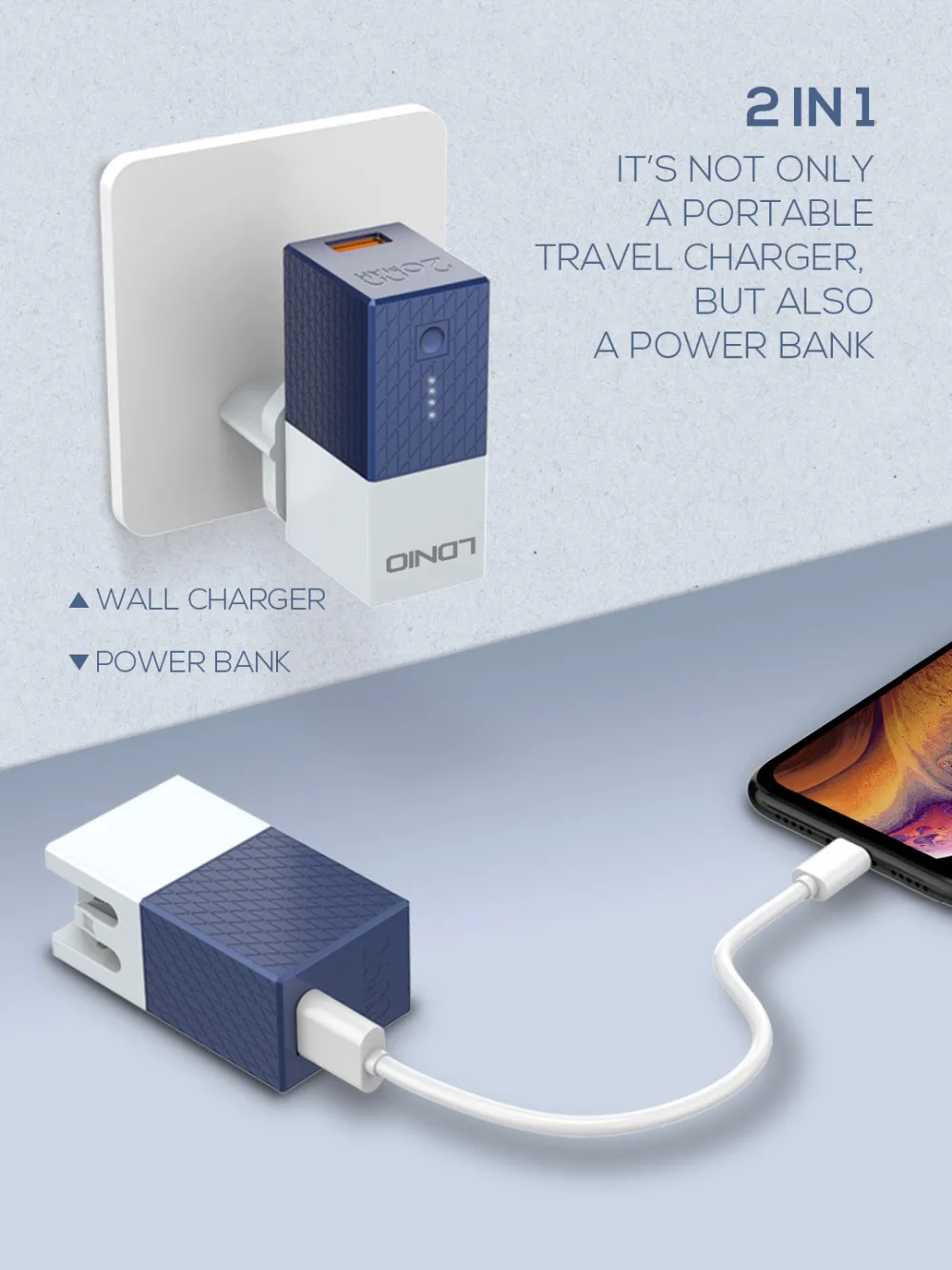 LDNIO 2600 mAh 2 в 1 power bank с настенным usb-зарядным устройством для мобильного телефона samsung/iPhone 7/8/X