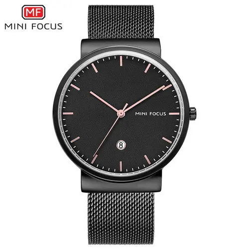 MINIFOCUS классическое платье кварцевые часы ультратонкая сетка ремень календари дисплей водостойкий минималистский Мужские лучший бренд класса люкс - Цвет: ALLBLACK
