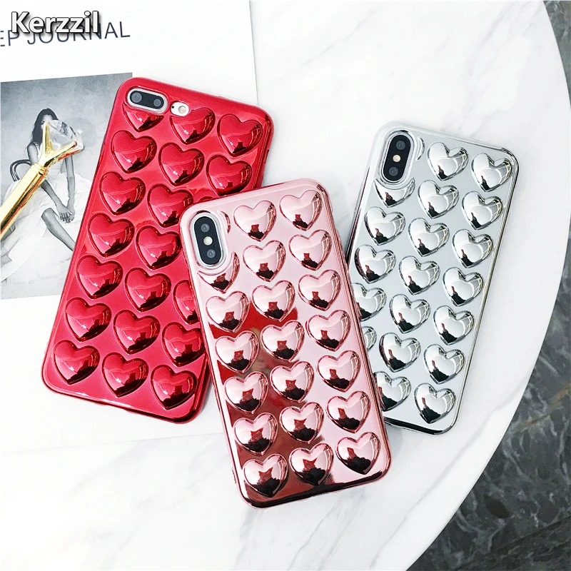 Kerzzil 3D Love Heart Plating Cases For iPhone 6 7 6S Plus Cover Metal Flash Soft TPU Cute Cartoon Back X 8 |