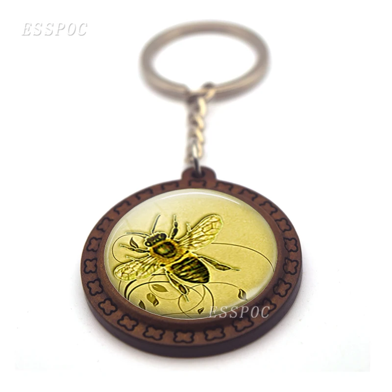 Желтый стеклянный кабошон Honeybee винтажный деревянный брелок Ключи Подвеска