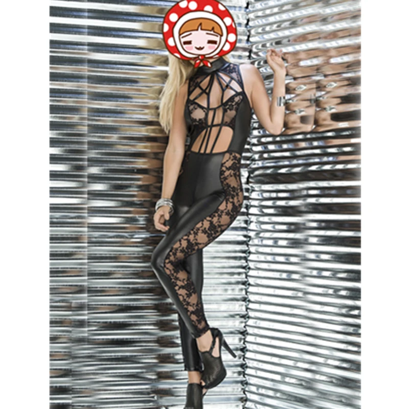 

Women PVC Latex Bodysuit hollow out Sexy Black Lace Bondage Catsuit Fetish Leather Jumpsuit Erotic Club Party Costume