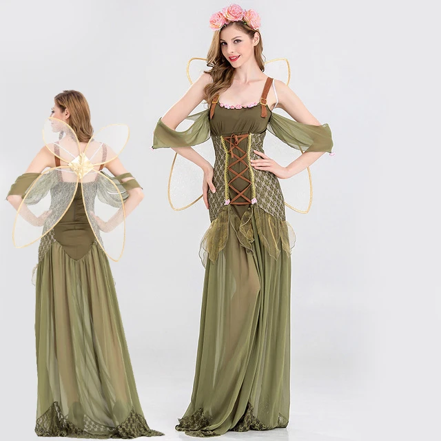 

New Girls Cosplay Clothing Flower Fairy Elf Role Playing Cosplay Dress Adult Halloween Party Green Forest Elves Cosplay Dress