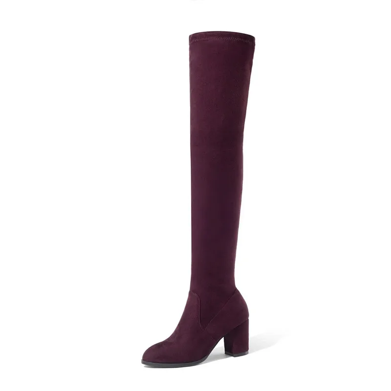 wine red MoonMeek/размер 33-43; модные сапоги выше колена; женские сапоги до бедра из флока; элегантные женские сапоги на высоком толстом каблуке для выпускного вечера; Цвет Черный - Цвет: wine red