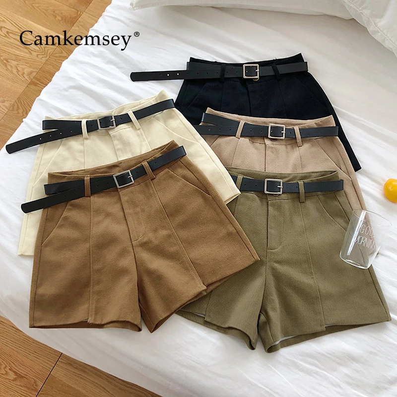 CamKemsey корейские шикарные летние шорты с высокой талией для женщин модные однотонные повседневные широкие шорты Карго с карманами и поясом