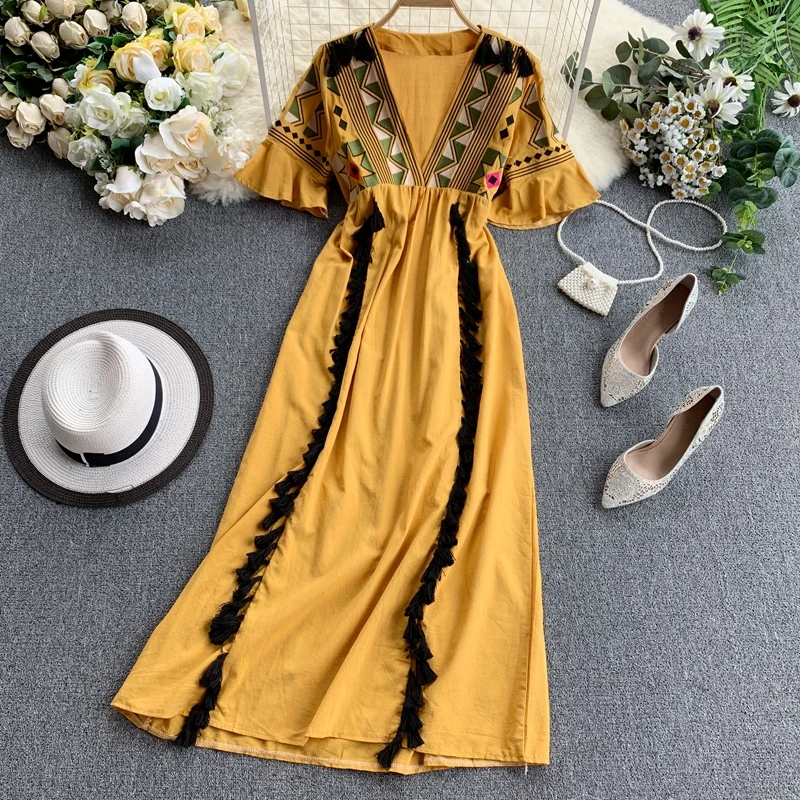 Платье женское с треугольным вырезом и кисточками геометрическим узором|Женские