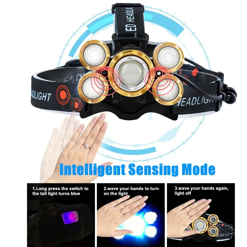 Перезаряжаемый налобный фонарь T6 светодиодный для охоты рыбалки с USB датчиком