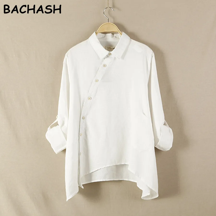 

BACHASH 2018 Spring New Women Shirt Cotton Linen Button White Blue Floral Turn-down Collar Irregular Plus Size Loose Blouse