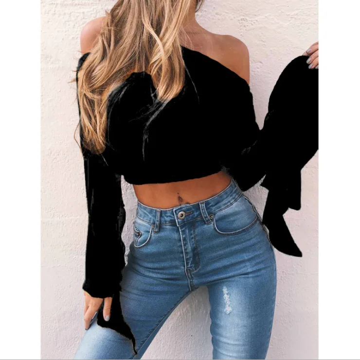 2018 Fashion Summer Women's Casual Off Shoulder Crop Tops Long Sleeve Loose Street Wear HD0094 |