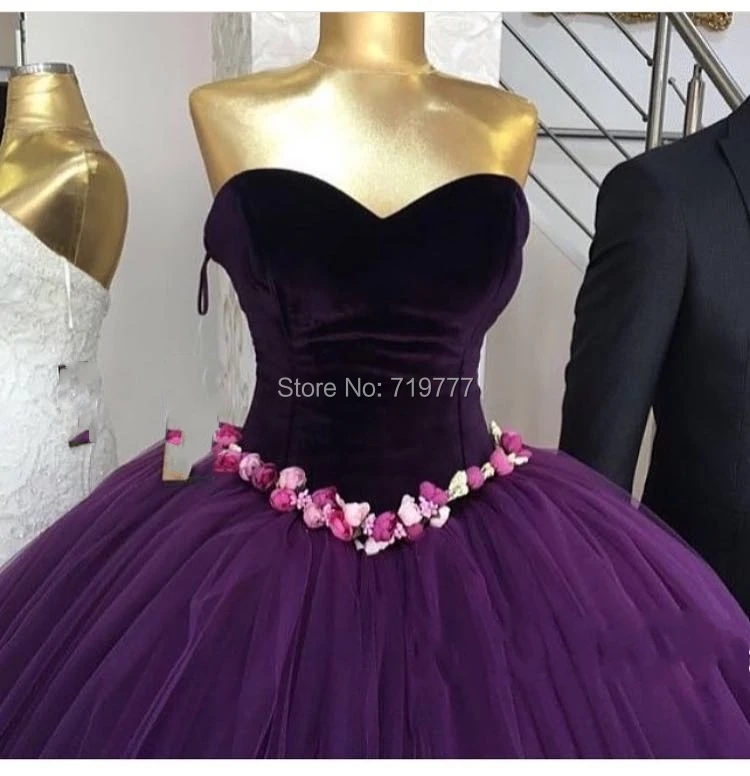 Puffy Purple Evening Dresses Ball Gown Prom With Handmade Flower Soft Velour Party Gowns Kaftan Arabic Dubai Formal Gow | Свадьбы и