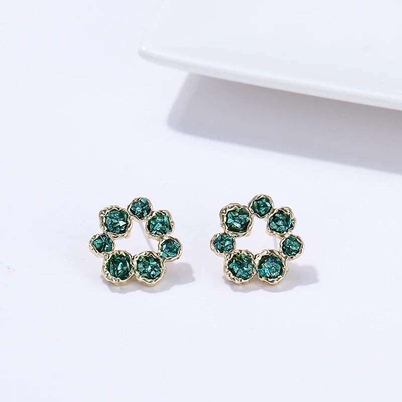 Yhpup Trendy Korean Flower Geometric Stud Earrings Natural Colorful Crushed Stone S925 Brincos for Girl Women Party Jewelry Gift