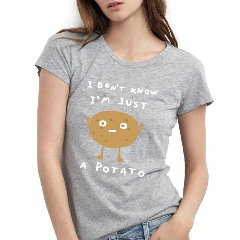 Футболка с героями мультфильмов Kawaii, Забавные топы с рисунком картофеля I Don't Know Humor, футболка с круглым вырезом для девочек мягкая хлопковая дышащая футболка с короткими рукавами - Цвет: Gray