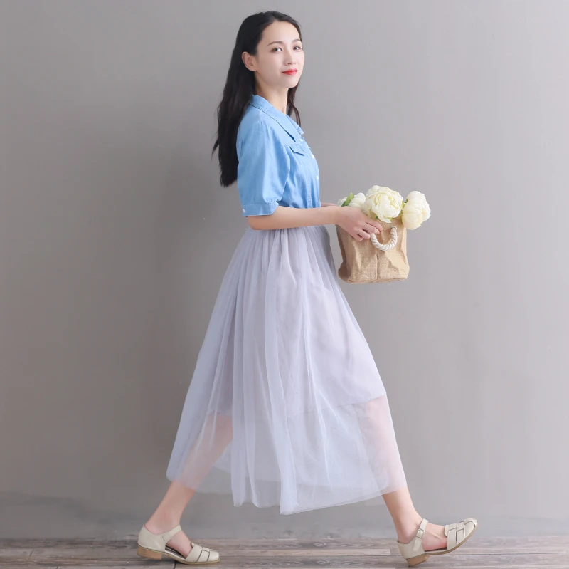 2018 latest fashion women denim vintage dress short sleeve casual mesh | Женская одежда