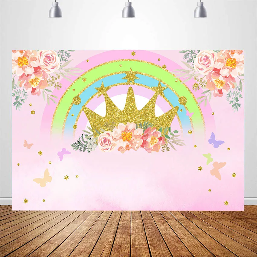 

Backdrop for Girl Birthday Party Decoration Photography Pink Floral Rainbow Crown Princess Birthday Photo Booth Background