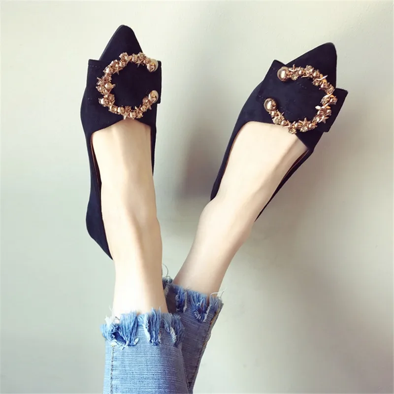 

YAERNI Beautiful fashion spring and summer new women's shoes large size metal buckle shallow mouth pointed flat with flat shoes
