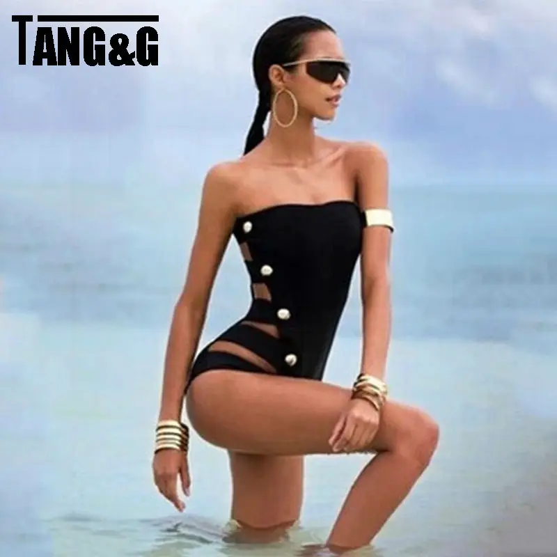 Лето сексуальное черное цельный купальник кнопка бинты выдалбливают купальники