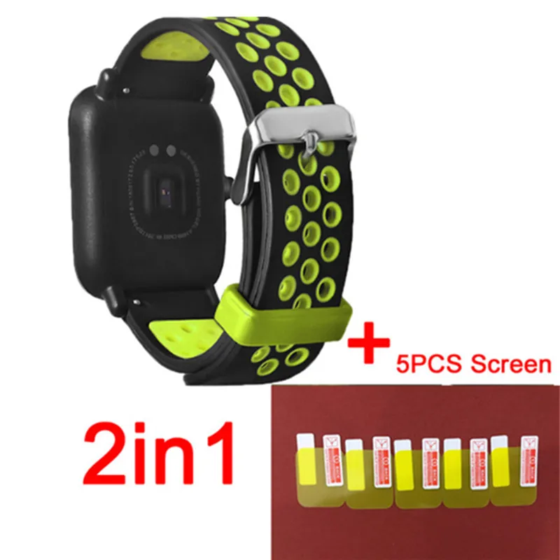 green 2в1 для Xiaomi Amazfit Bip маленький силиконовый ремешок мягкий звуковой сигнал спортивный фитнес-браслет ремень+ 5 шт. защитный экран - Цвет: green
