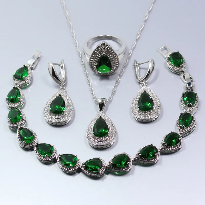 Женский подарочный комплект из серег и кольца в форме капли серебра с зеленым