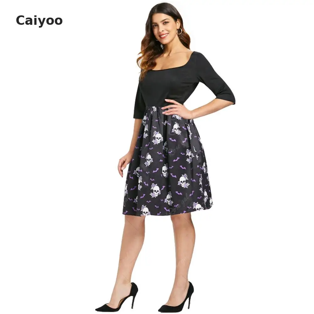 Summer Dress Sale Bud Half None Knee-length Regular O-neck Ukraine Plus Size 2018 New Halloween Middle Sleeve Skull Print | Женская