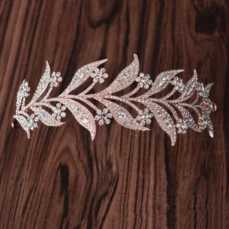 Rose gold Роскошные серебряные свадебные диадемы с кристаллами в виде листьев и лозы, свадебная повязка на голову, аксессуары для волос, стразы для торжеств, выпускного вечера, корона, украшение на голову невесты - Окраска металла: Rose gold
