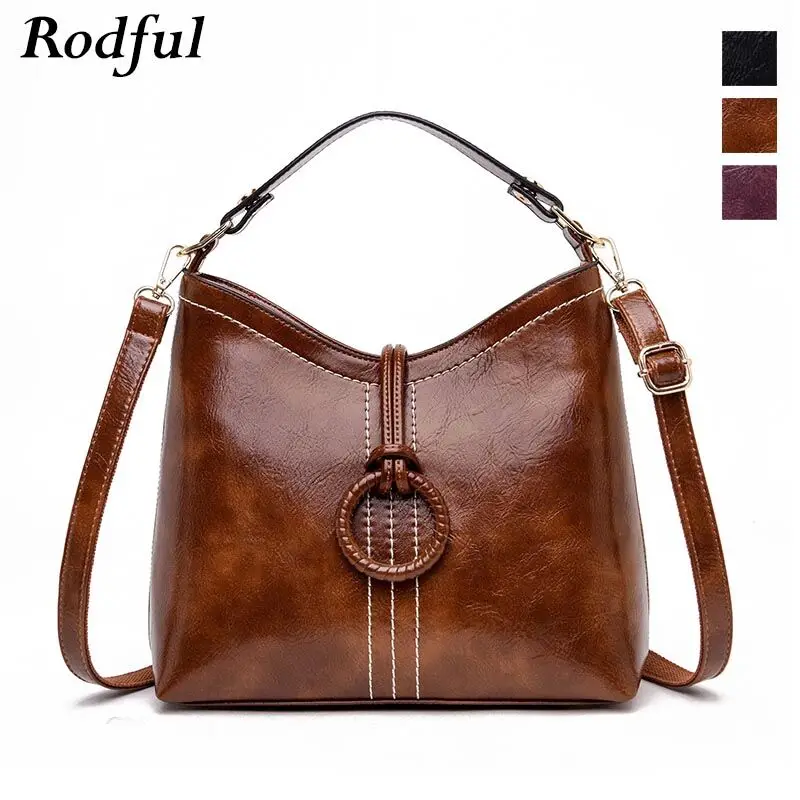 Rodful Винтаж Сумка для женщин масла кожа ведро женские сумочки дамы Ретро crossbody