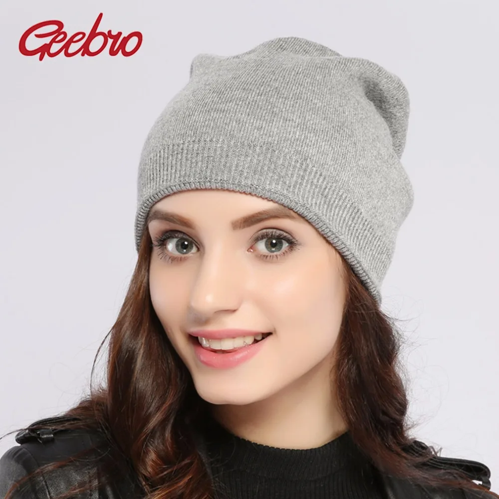 

Geebro Double-Deck Women's Cashmere Knit Beanies Hat Female Winter Warm Plain Grey Wool Slouchy Skullies Beanie Hats for Women