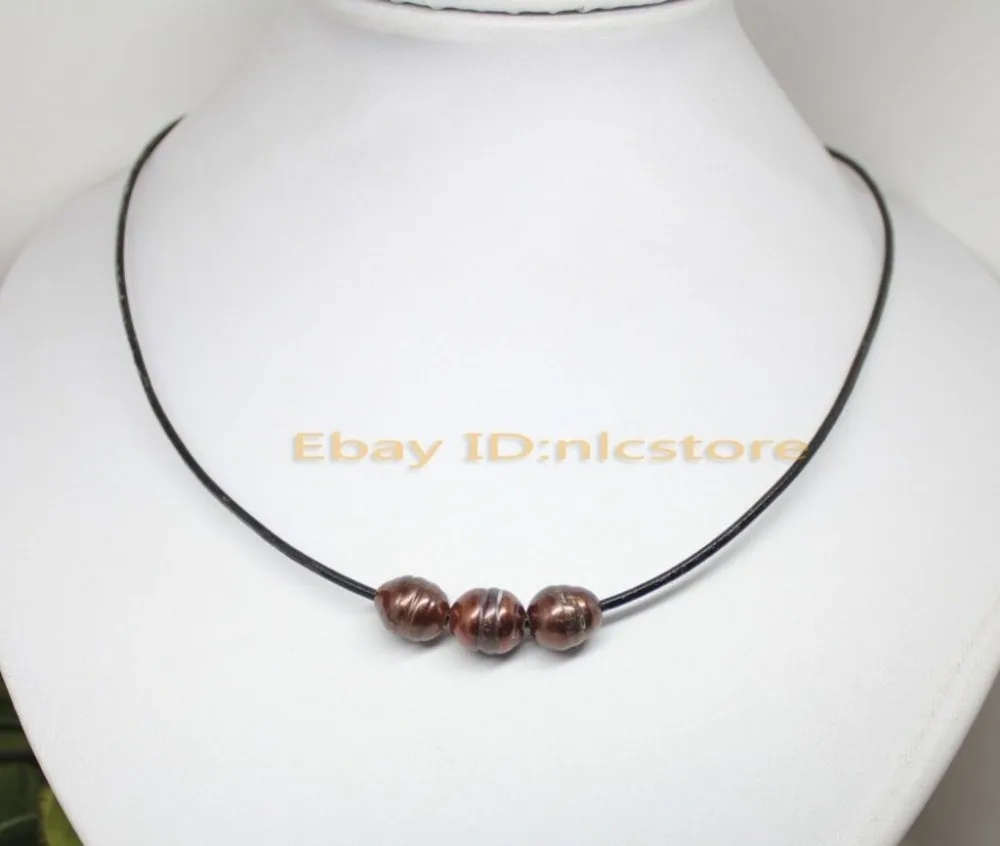 Настоящее сочетание цветов рост 3 жемчуг черная кожа ожерелье 17 &quot мода