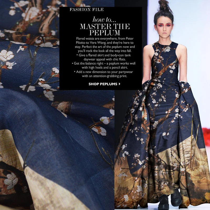 Высококачественная 100% шелковая синяя Слива с цветочным принтом атласная ткань