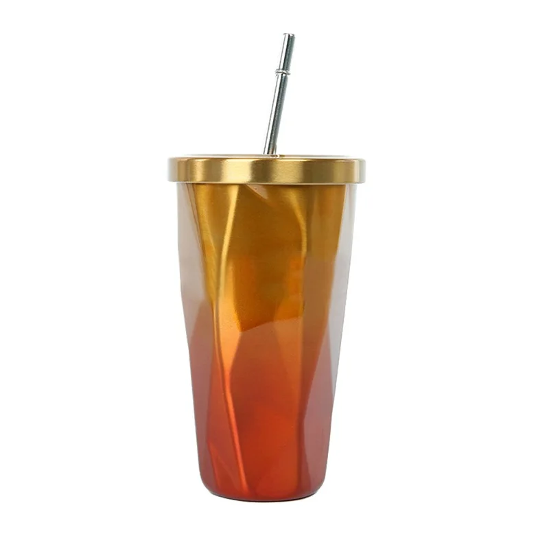 E-Orange yellow Красочное питье из нержавеющей стали, чашка с крышкой и соломинкой, стакан для горячей и холодной воды с двойными стенками, вакуумная изоляция, кофейная кружка, колба для воды - Цвет: E-Orange yellow