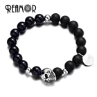 REAMOR роскошные мужские 10 мм черный матовый оникс и синий звездное небо песок камень сочетается из нержавеющей стали Череп эластичные браслеты из бисера ювелирные изделия