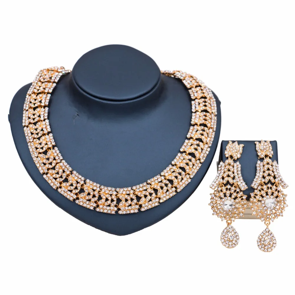 High Quality Rhinestone Hollow Necklace Jewelry Sets for Women African Wedding Bridal Party Crystal Dress Accessories | Украшения и