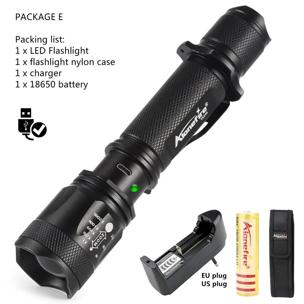 AloneFire TK200 мощный светодиодный светильник-вспышка xml L2 с подзарядкой от usb, тактический фонарь, светильник-вспышка для альпинизма - Испускаемый цвет: PACKAGE E