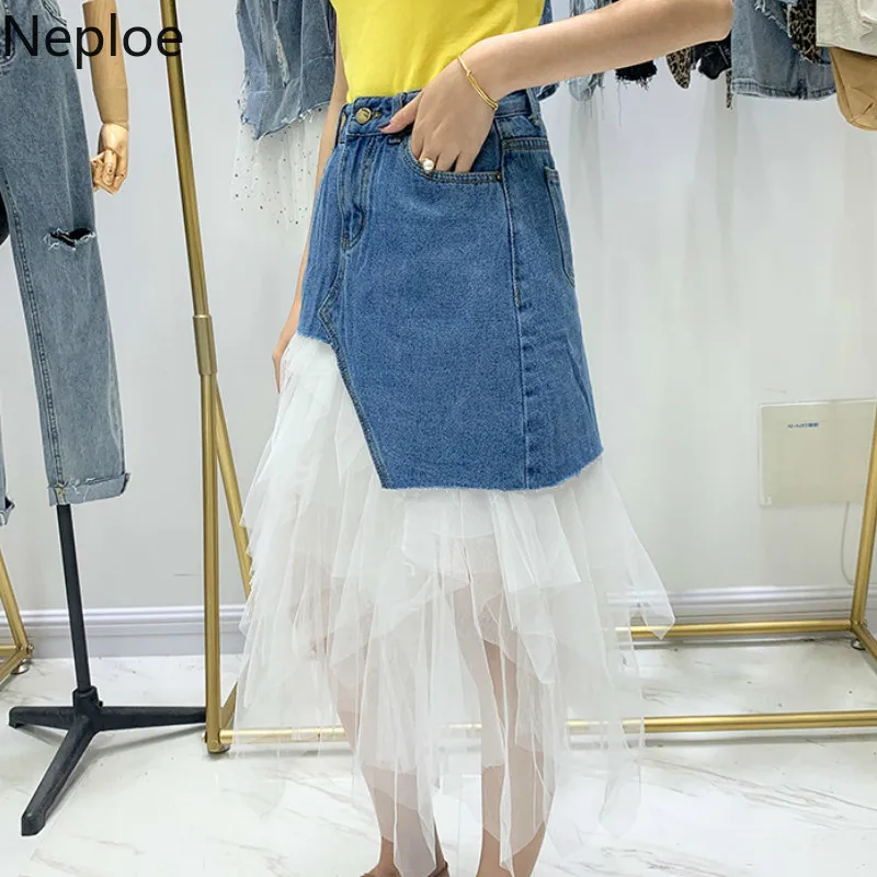 Neploe Irregular Denim Mesh Patchwork Skirts Women Fashion Button Fly Pockets Skirt Waist A-Line Jupe Femme 44101 | Женская одежда