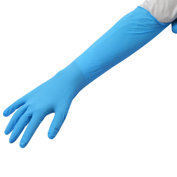 

Free shipping 3 pairs lengthen size 40 cm working glove sky blue household cleaning protecting gloves nitrile disposal gloves