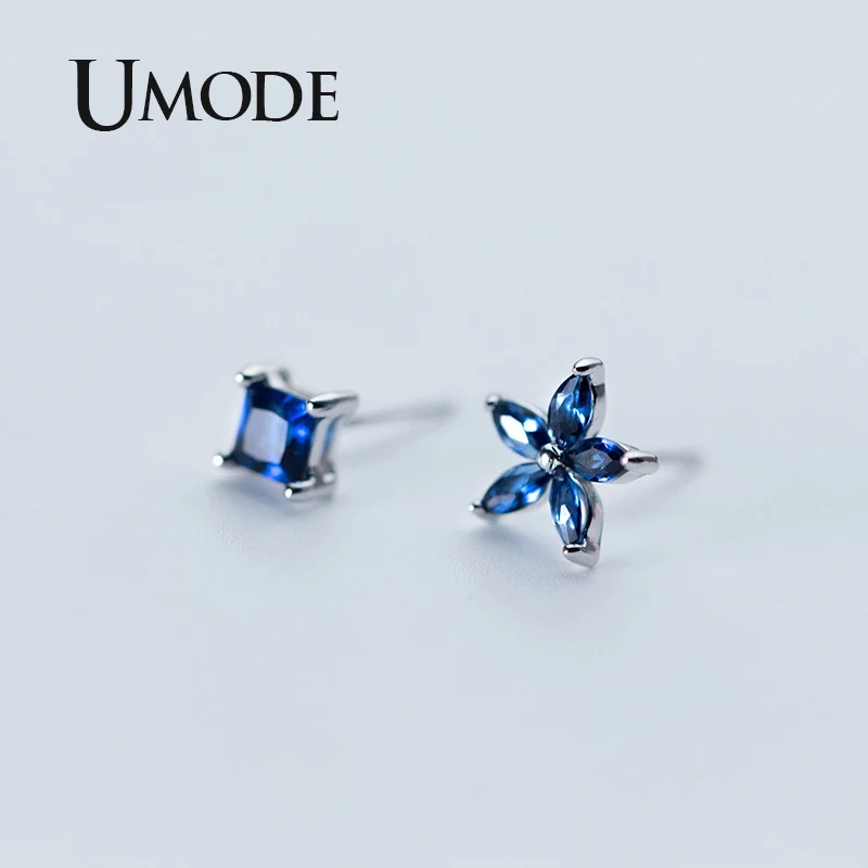 UMODE, новинка, 925 пробы, серебряные серьги для женщин, Голубой квадрат, цветок, серьги-гвоздики, фианит, кристалл, ювелирное изделие, подарок ULE0572