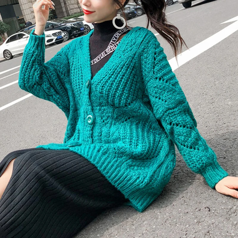 PERHAPS U Women Sweater Knitted Long Sleeve Green Cardigans V Neck Winter Outwear Loose M0031 |
