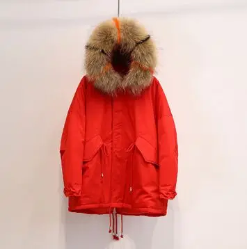 huge color fur Большой натуральный мех енота, высокое качество, зимняя куртка для женщин, теплый женский длинный пуховик, куртка на белом утином пуху, свободное зимнее пальто - Цвет: huge color fur