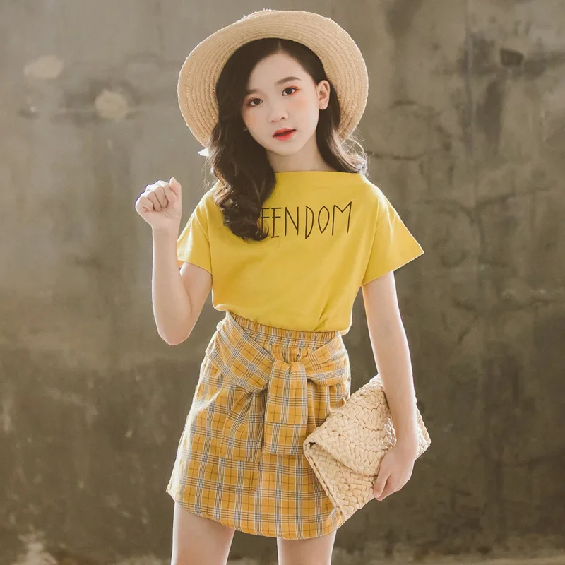 Комплекты одежды для девочек летняя футболка с буквенным принтом + клетчатая